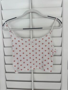 White Floral Ribbed Cami Tank Top - Pink Daisy Print
